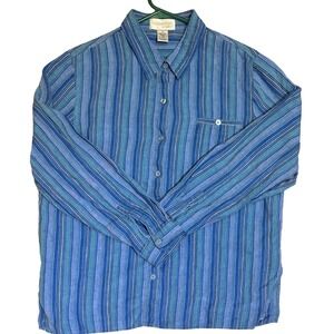 VTG Real Comfort Chadwick's Women's Linen Button Down Shirt Striped Teal Sz 16